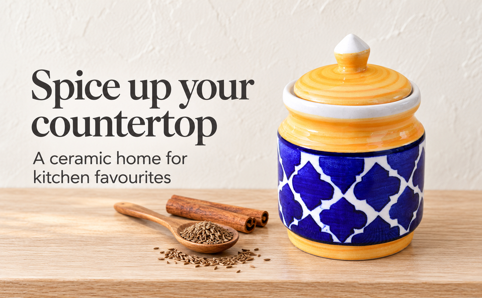 Kunhar Ceramic Jars (600ML) – Handcrafted Multipurpose Barni with Lid for Pickle, Chutney, Spices, Salt, Sugar – Kitchen Storage Containers, Yellow Blue – visual story 3