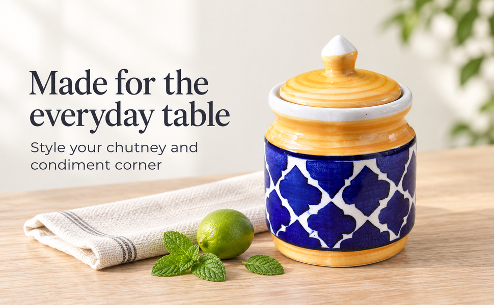 Kunhar Ceramic Jars (600ML) – Handcrafted Multipurpose Barni with Lid for Pickle, Chutney, Spices, Salt, Sugar – Kitchen Storage Containers, Yellow Blue – visual story 5