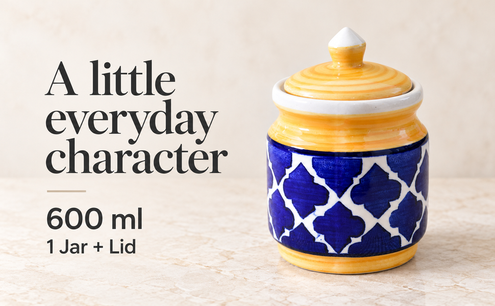 Kunhar Ceramic Jars (600ML) – Handcrafted Multipurpose Barni with Lid for Pickle, Chutney, Spices, Salt, Sugar – Kitchen Storage Containers, Yellow Blue – visual story 6