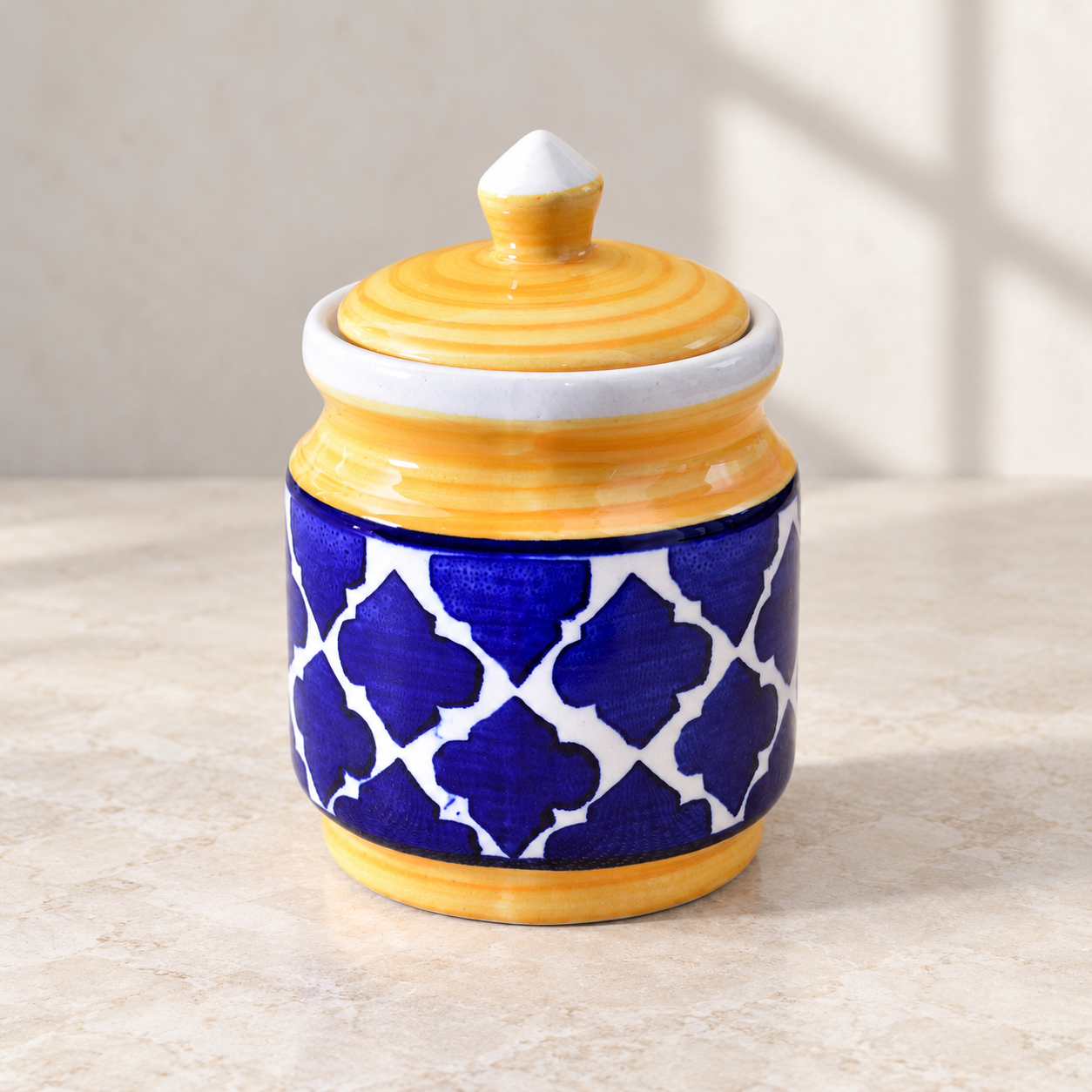Kunhar Ceramic Jars (600ML) – Handcrafted Multipurpose Barni with Lid for Pickle, Chutney, Spices, Salt, Sugar – Kitchen Storage Containers, Yellow Blue