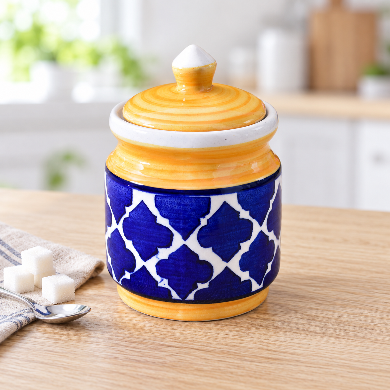 Kunhar Ceramic Jars (600ML) – Handcrafted Multipurpose Barni with Lid for Pickle, Chutney, Spices, Salt, Sugar – Kitchen Storage Containers, Yellow Blue - Image 4