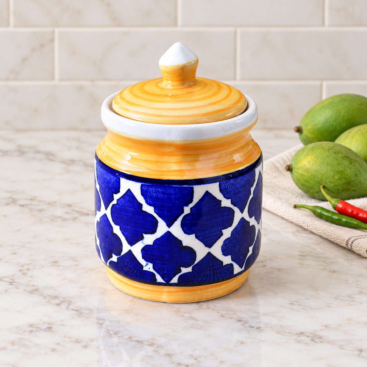 Kunhar Ceramic Jars (600ML) – Handcrafted Multipurpose Barni with Lid for Pickle, Chutney, Spices, Salt, Sugar – Kitchen Storage Containers, Yellow Blue - Image 5