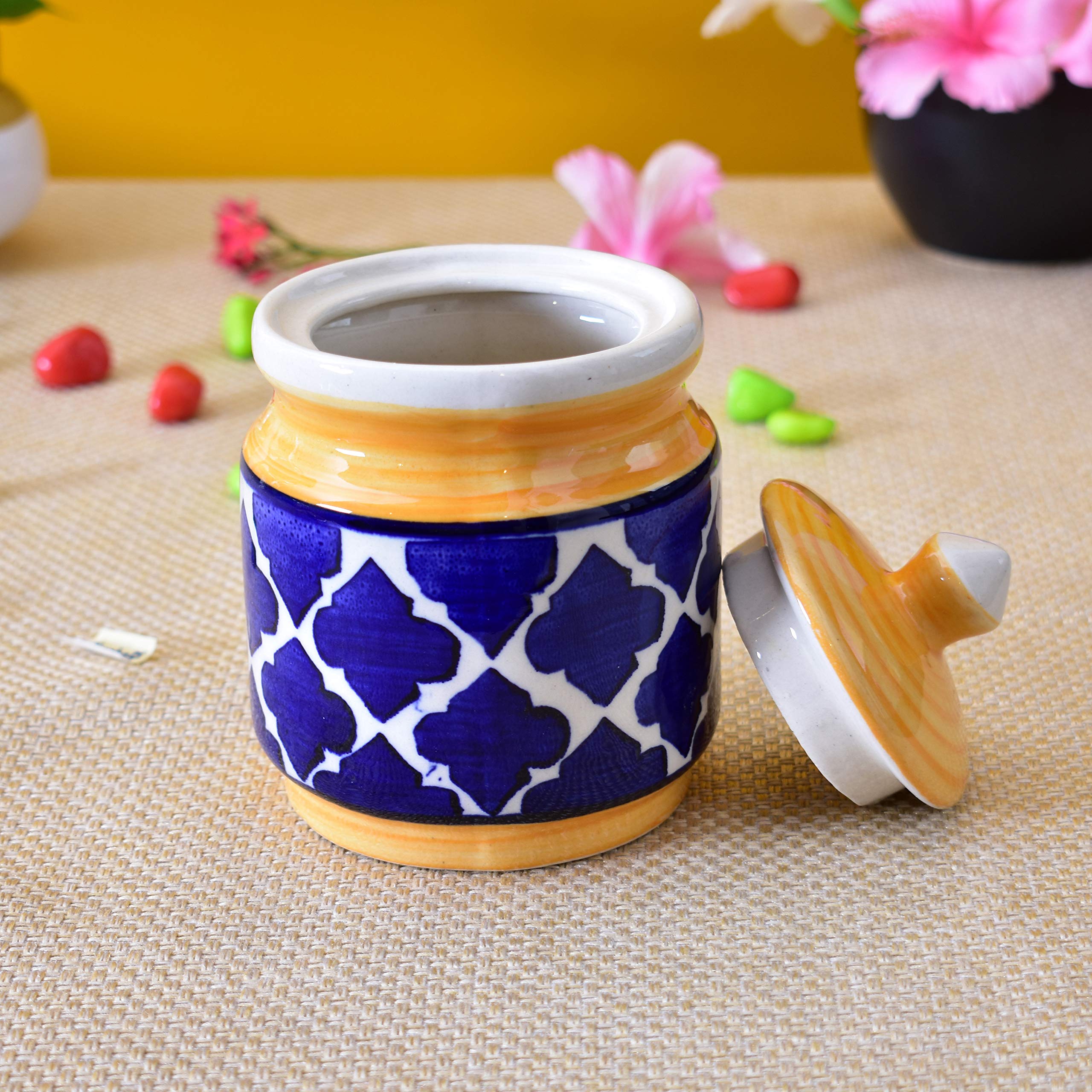 Kunhar Ceramic Jars (600ML) – Handcrafted Multipurpose Barni with Lid for Pickle, Chutney, Spices, Salt, Sugar – Kitchen Storage Containers, Yellow Blue - Image 2