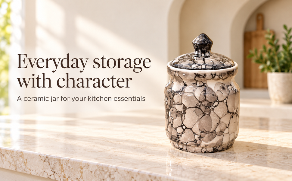 Kunhar Ceramic Jar 600ML Black Luster – Handcrafted Multipurpose Container with Lid for Pickle Chutney Spices Salt Sugar Kitchen Storage – visual story 1