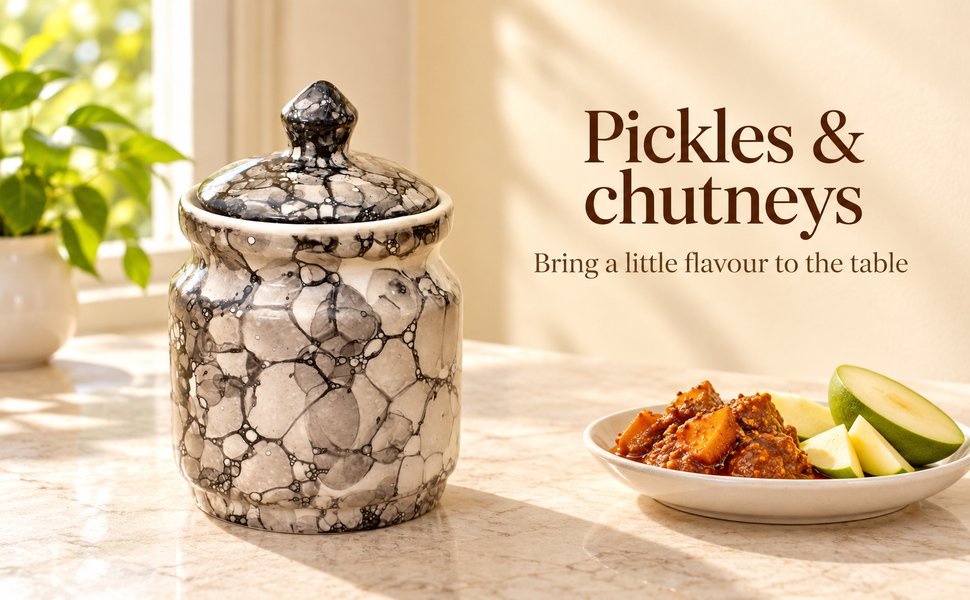 Kunhar Ceramic Jar 600ML Black Luster – Handcrafted Multipurpose Container with Lid for Pickle Chutney Spices Salt Sugar Kitchen Storage – visual story 2