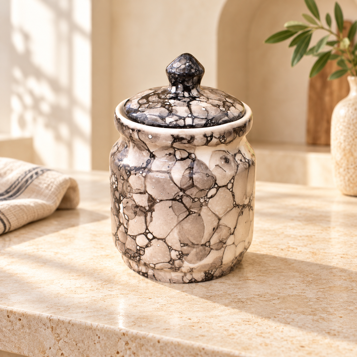 Kunhar Ceramic Jar 600ML Black Luster – Handcrafted Multipurpose Container with Lid for Pickle Chutney Spices Salt Sugar Kitchen Storage
