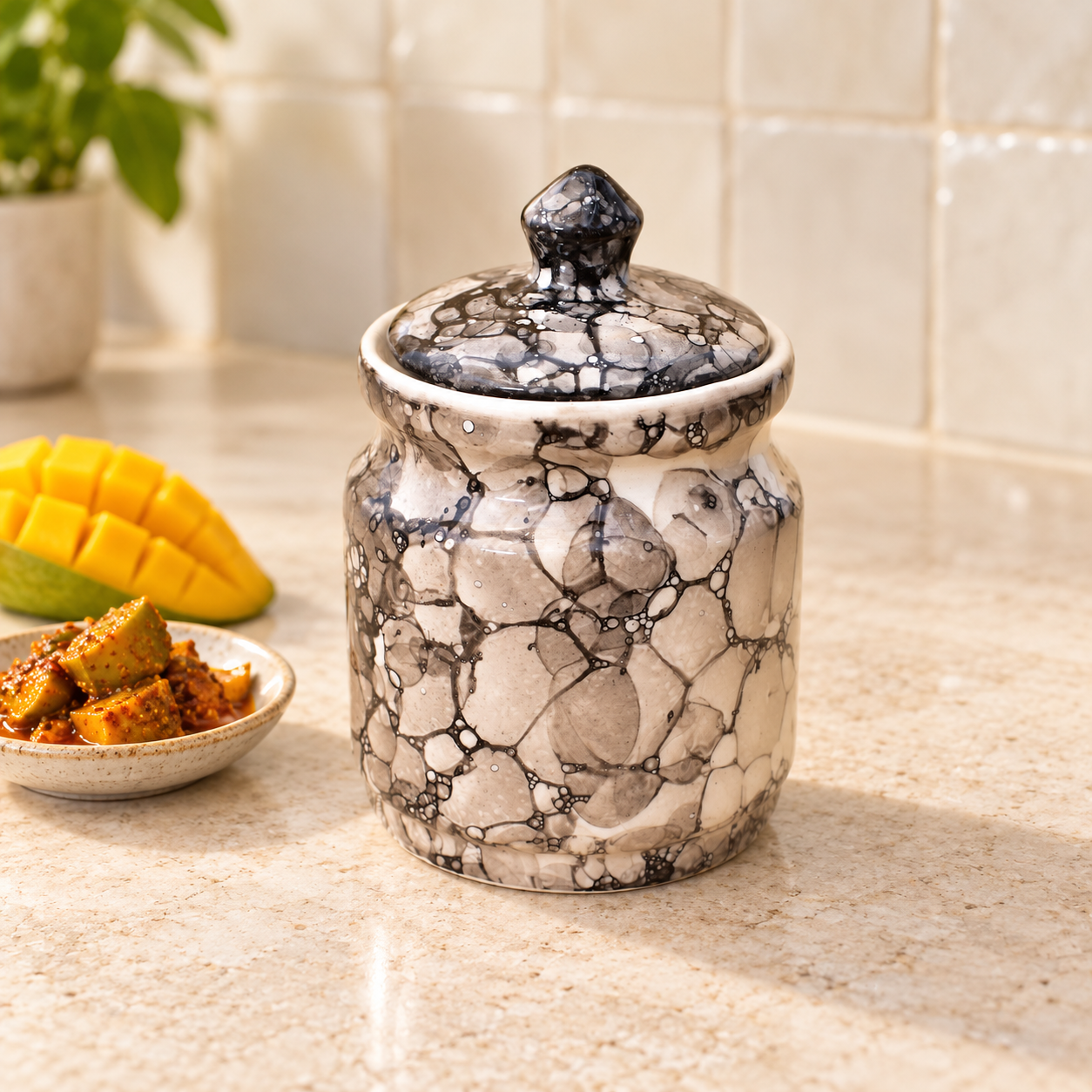 Kunhar Ceramic Jar 600ML Black Luster – Handcrafted Multipurpose Container with Lid for Pickle Chutney Spices Salt Sugar Kitchen Storage - Image 2