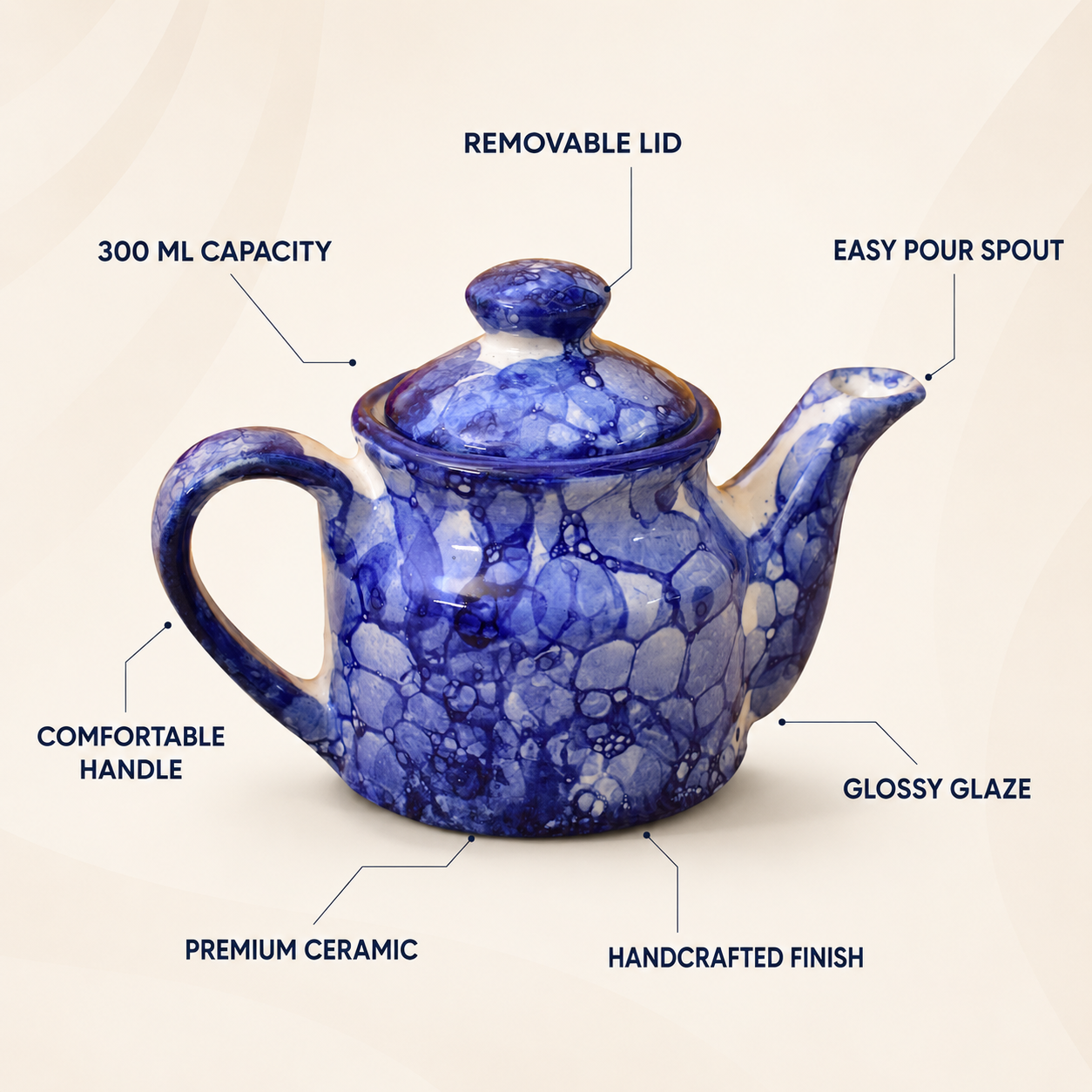 Kunhar Ceramic Teapot Blue Luster 300 ml Elegant Handmade Pot Single Piece Tea Serveware - Image 4