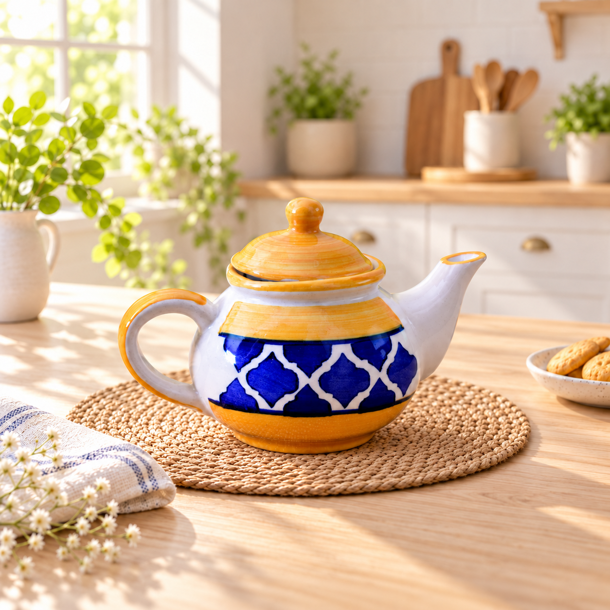 KunhaR Ceramic Teapot - 1 Piece, Yellow-Blue, 1000 ml