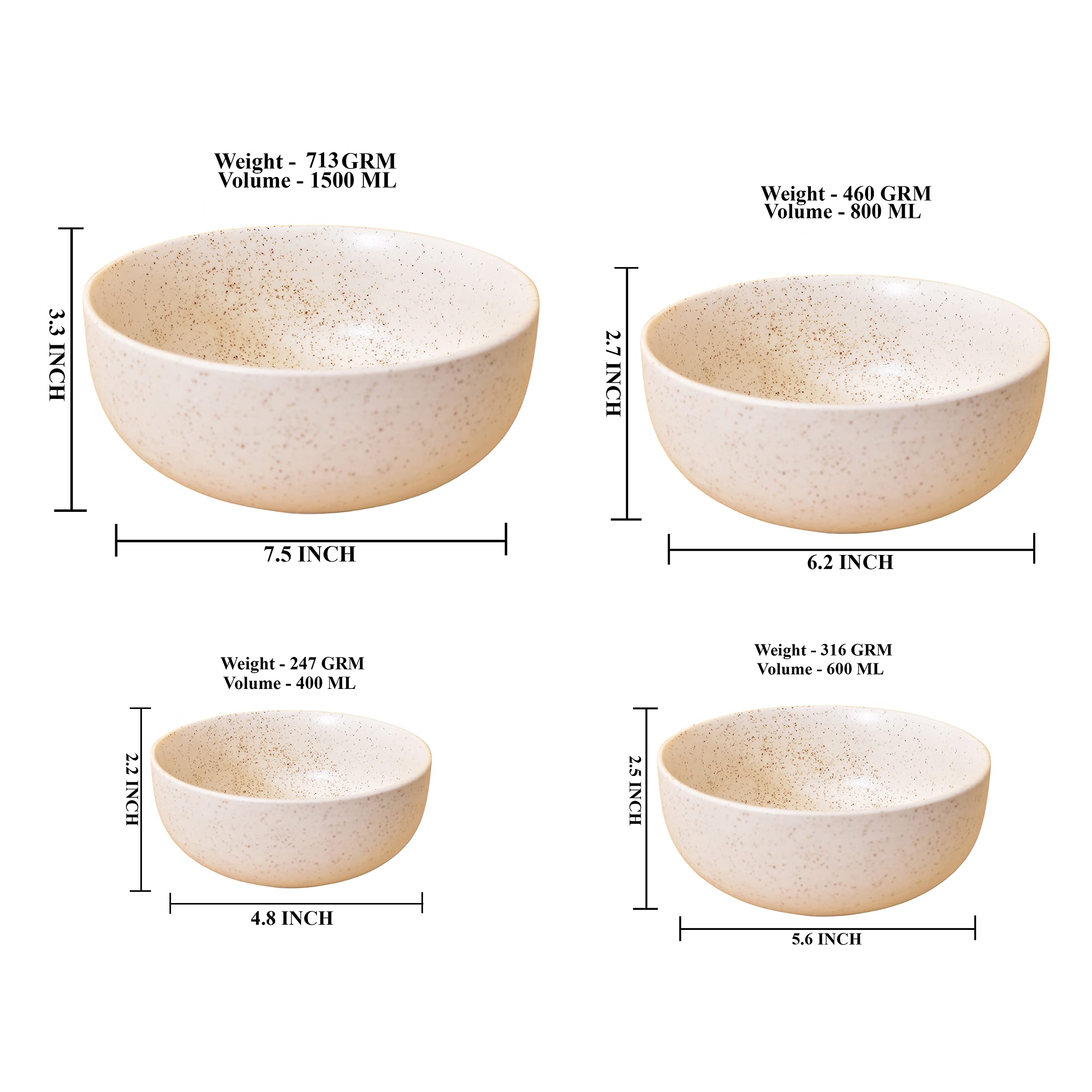 Kunhar Ceramic Mixing Bowls - 1500 Ml, 800 Ml, 600 Ml and 400 Ml, 4 Pieces, White Matt - Image 2