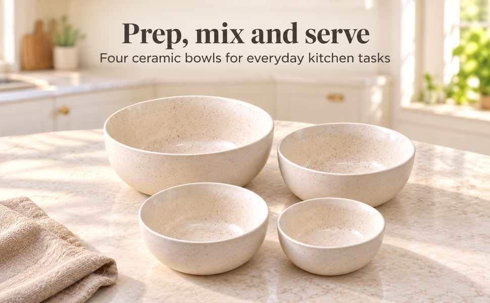 Kunhar Ceramic Mixing Bowls - 1500 Ml, 800 Ml, 600 Ml and 400 Ml, 4 Pieces, White Matt – visual story 1