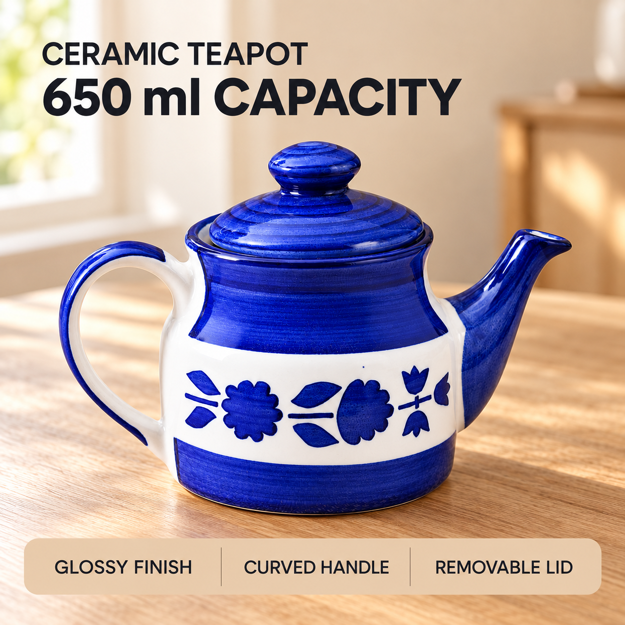 KunhaR Ceramic Teapot with Lid, 650 ml, Blue | Tea & Coffee Serving Pot for Kitchen, Dining & Gifting, 1 Piece - Image 8