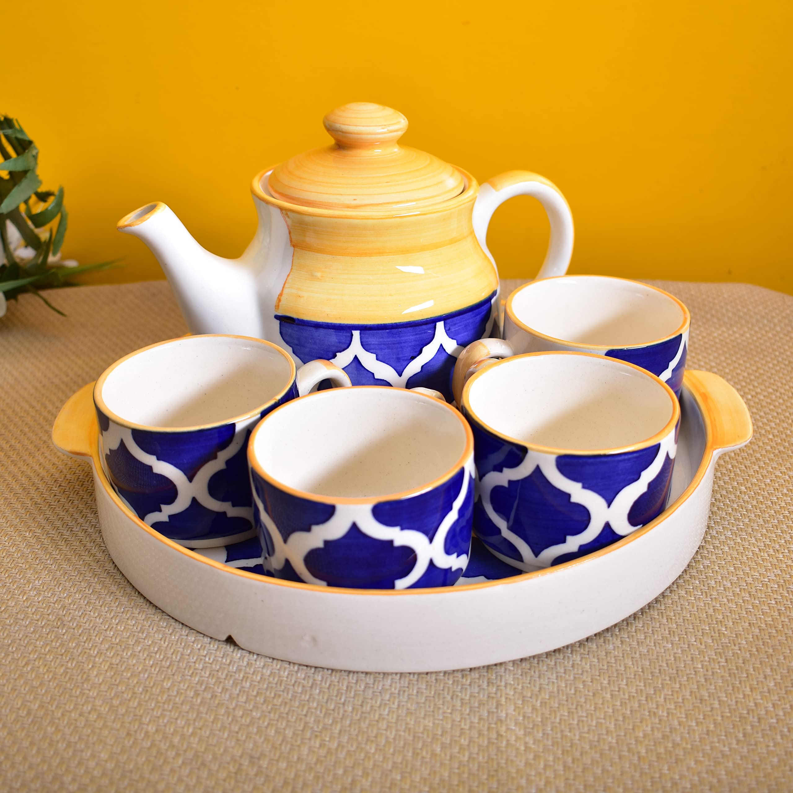 Kunhar Ceramic Morning Set with 1 Teapot, 1 Serving Tray and 4 Cups, Yellow Chidi - Image 7