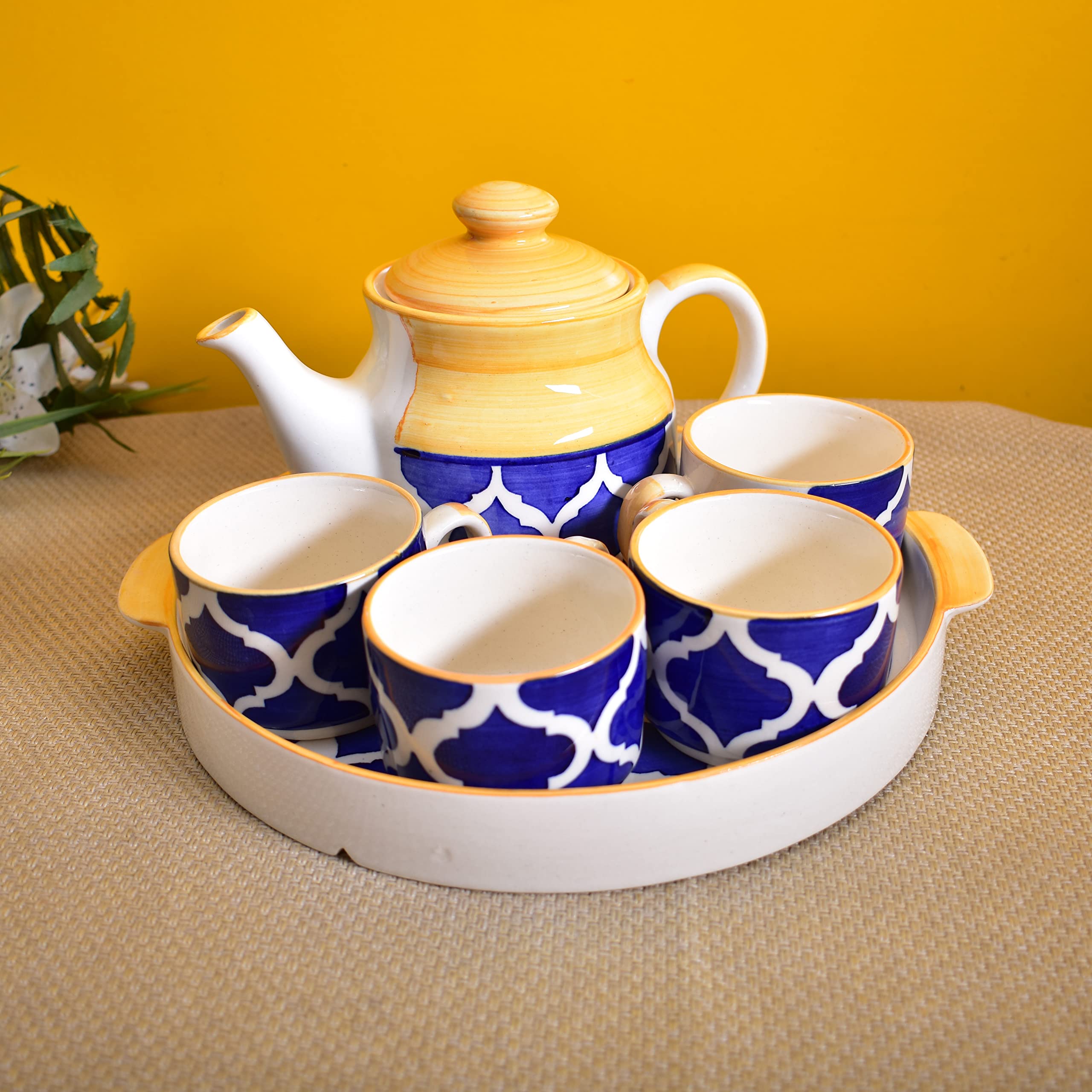 Kunhar Ceramic Morning Set with 1 Teapot, 1 Serving Tray and 4 Cups, Yellow Chidi - Image 8