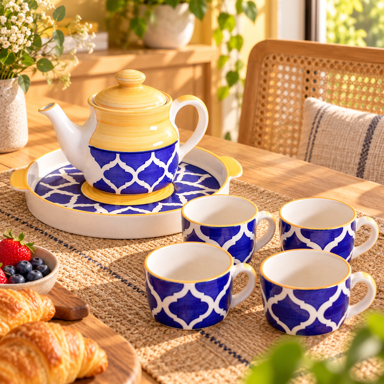 KunhaR Ceramic Morning Set with 1 Teapot, 1 Serving Tray and 4 Cups, Yellow Chidi