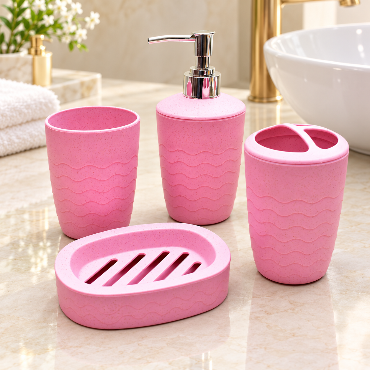 KunhaR 4-Piece Bathroom Accessories Set – Liquid Soap Dispenser, Soap Dish, Toothbrush Holder & Tumbler