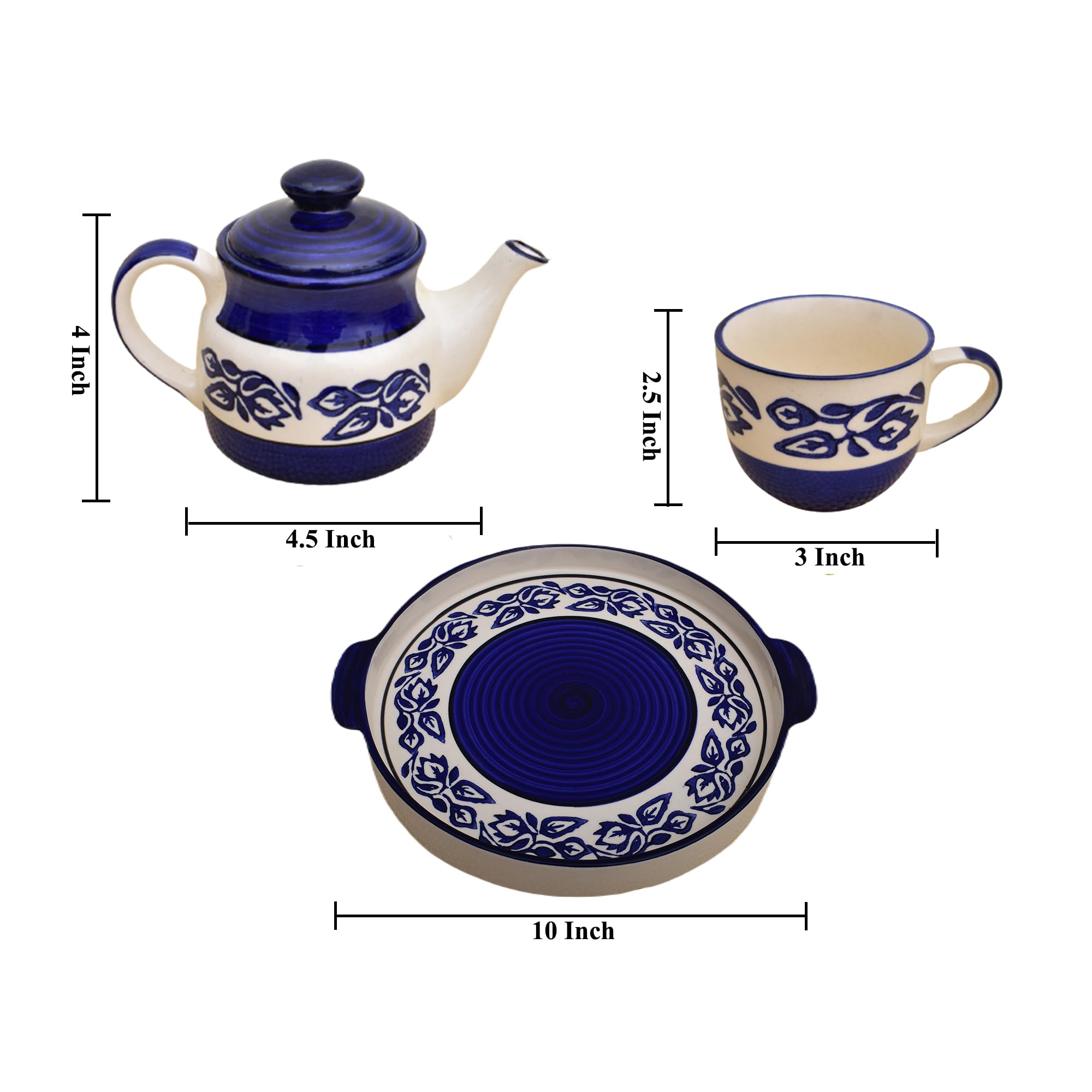Kunhar Ceramic Morning Set, Blue Flower (1 Tray, 4 Cups 150 ml and 1 Teapot 650 ml) - Image 2