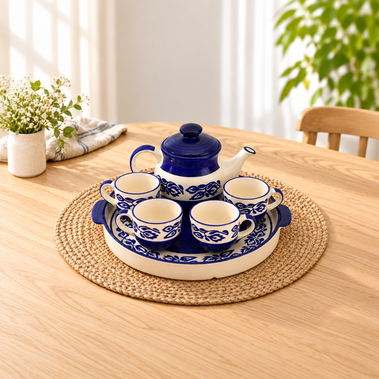 Kunhar Ceramic Morning Set, Blue Flower (1 Tray, 4 Cups 150 ml and 1 Teapot 650 ml)