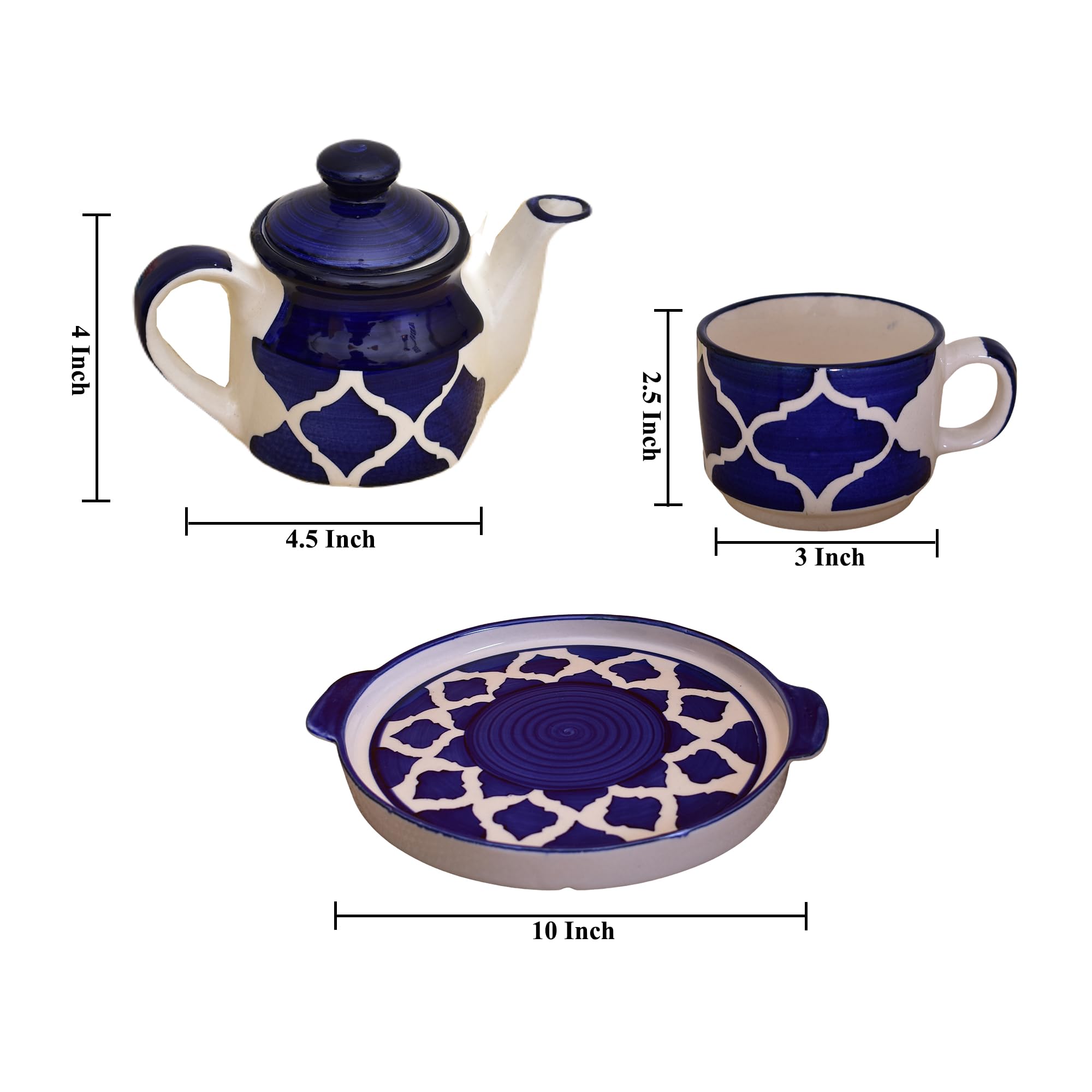 Kunhar Ceramic Morning Set, Blue Vine (1 Tray, 4 Cups 150 ml and 1 Teapot 650 ml) - Image 2