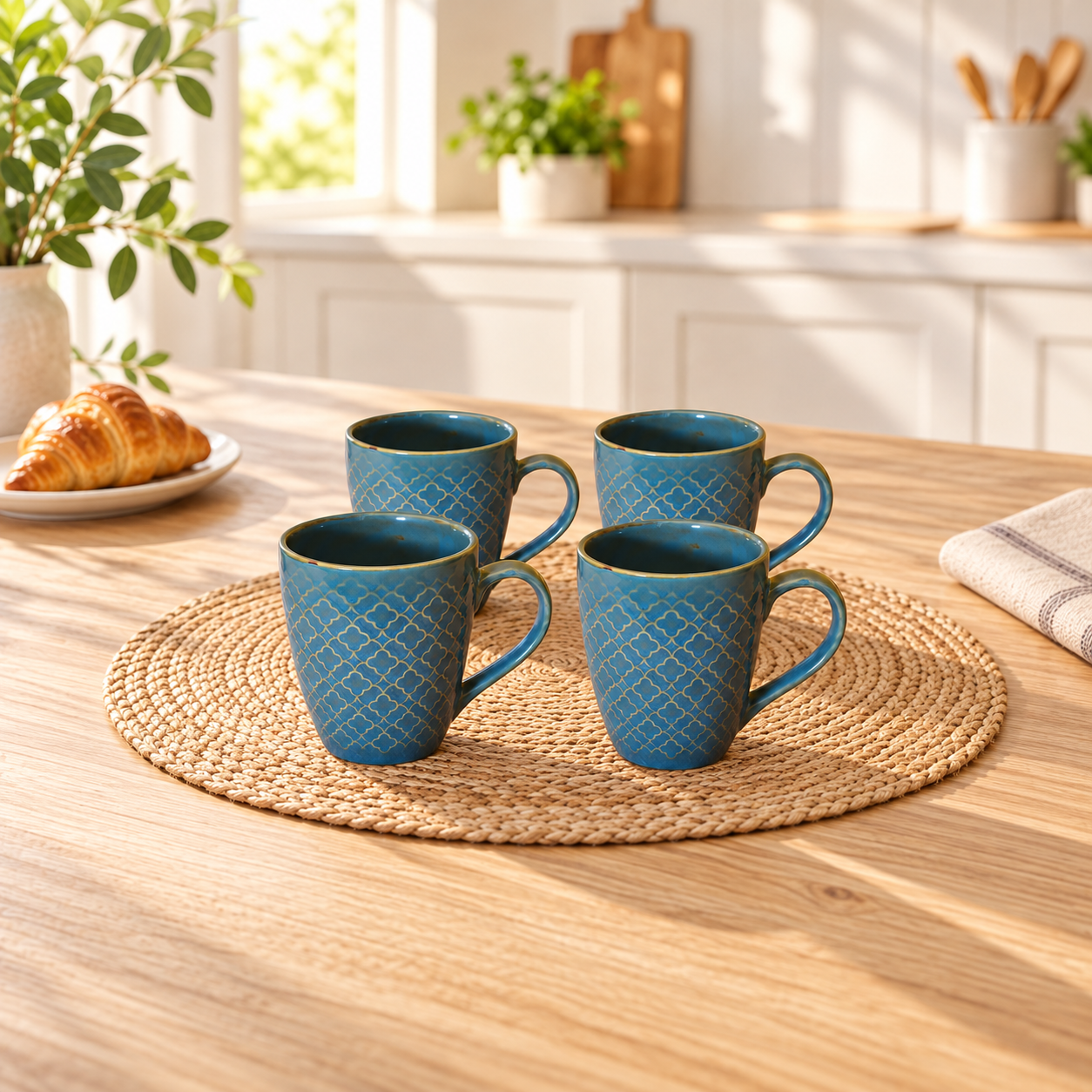 Kunhar Ceramic Milk Mugs, Muted Blues - 4 Pieces, Blue Bayoux, 300ml