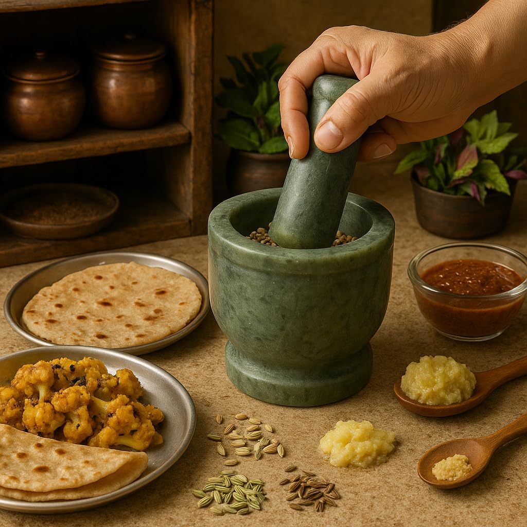 Kunhar Natural Green Marble Mortar Pestle Set Imam Dasta Ohkli Musal Kharal 4 x 4 Inches Green Full Polish Kitchen Grinding Tool