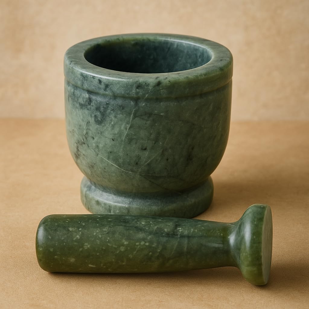 Kunhar Natural Green Marble Mortar Pestle Set Imam Dasta Ohkli Musal Kharal 4 x 4 Inches Green Full Polish Kitchen Grinding Tool - Image 4