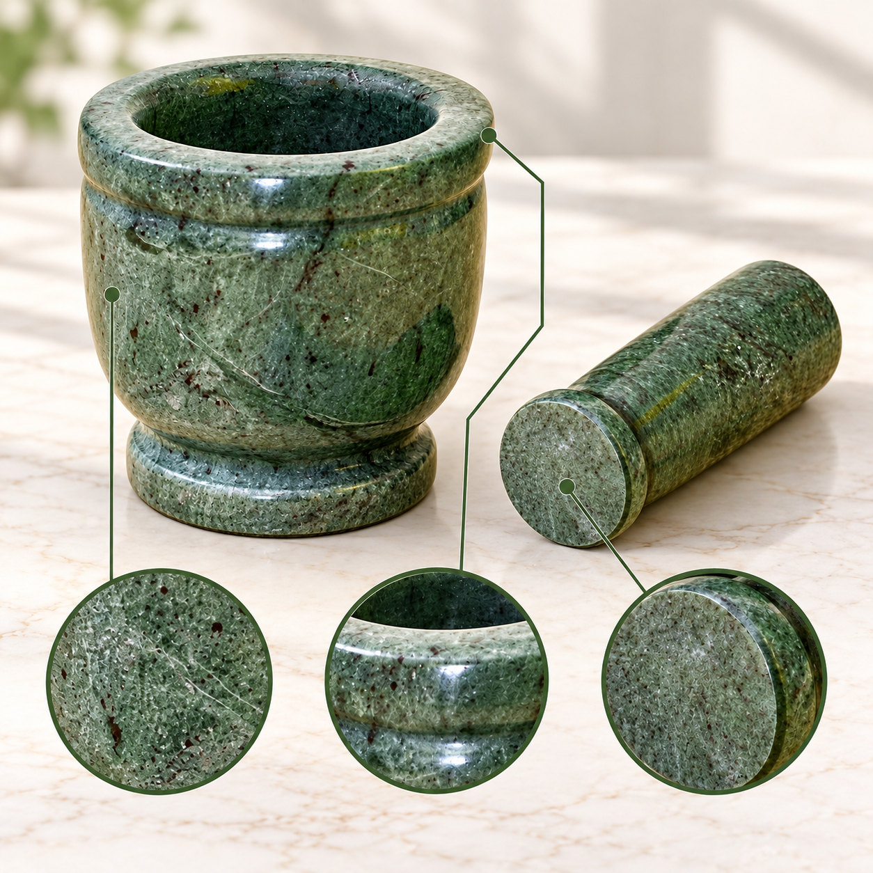 Kunhar Natural Green Marble Mortar Pestle Set Imam Dasta Ohkli Musal Kharal 4 x 4 Inches Green Full Polish Kitchen Grinding Tool - Image 2