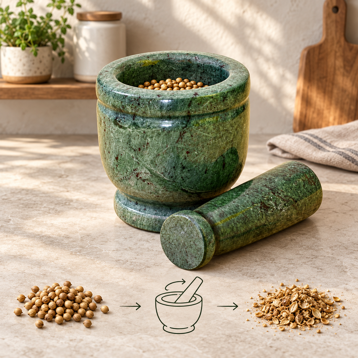 Kunhar Natural Green Marble Mortar Pestle Set Imam Dasta Ohkli Musal Kharal 4 x 4 Inches Green Full Polish Kitchen Grinding Tool - Image 3