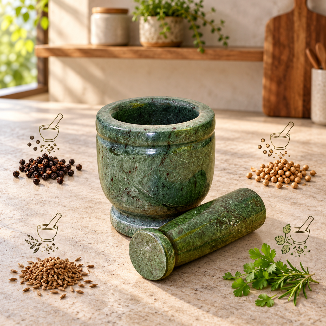 Kunhar Natural Green Marble Mortar Pestle Set Imam Dasta Ohkli Musal Kharal 4 x 4 Inches Green Full Polish Kitchen Grinding Tool - Image 4