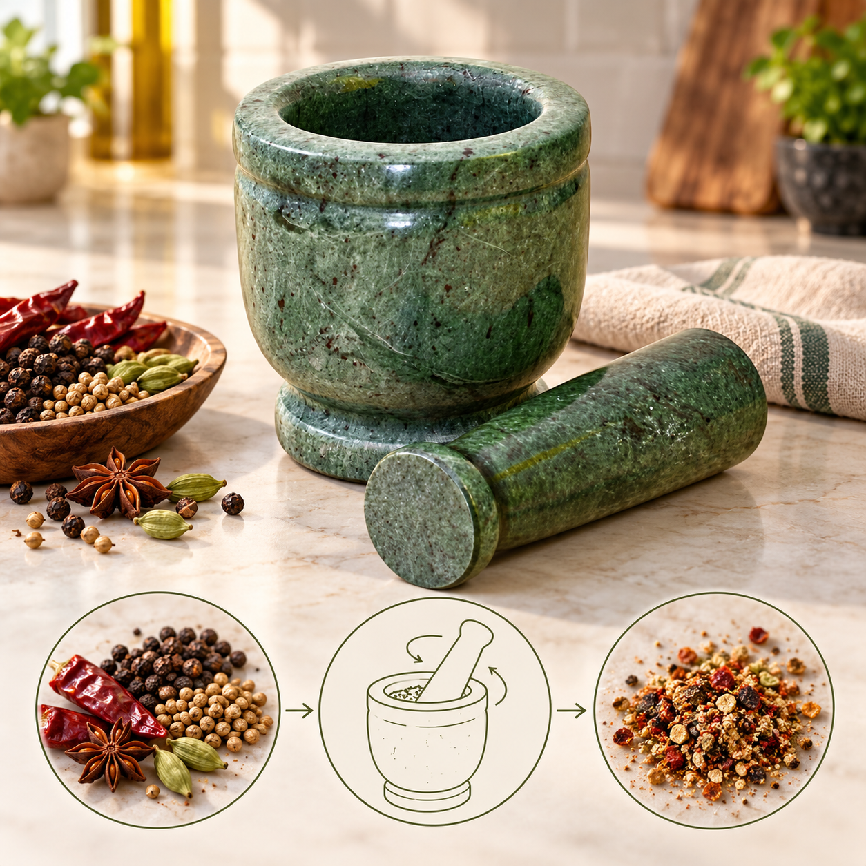 Kunhar Natural Green Marble Mortar Pestle Set Imam Dasta Ohkli Musal Kharal 4 x 4 Inches Green Full Polish Kitchen Grinding Tool - Image 5