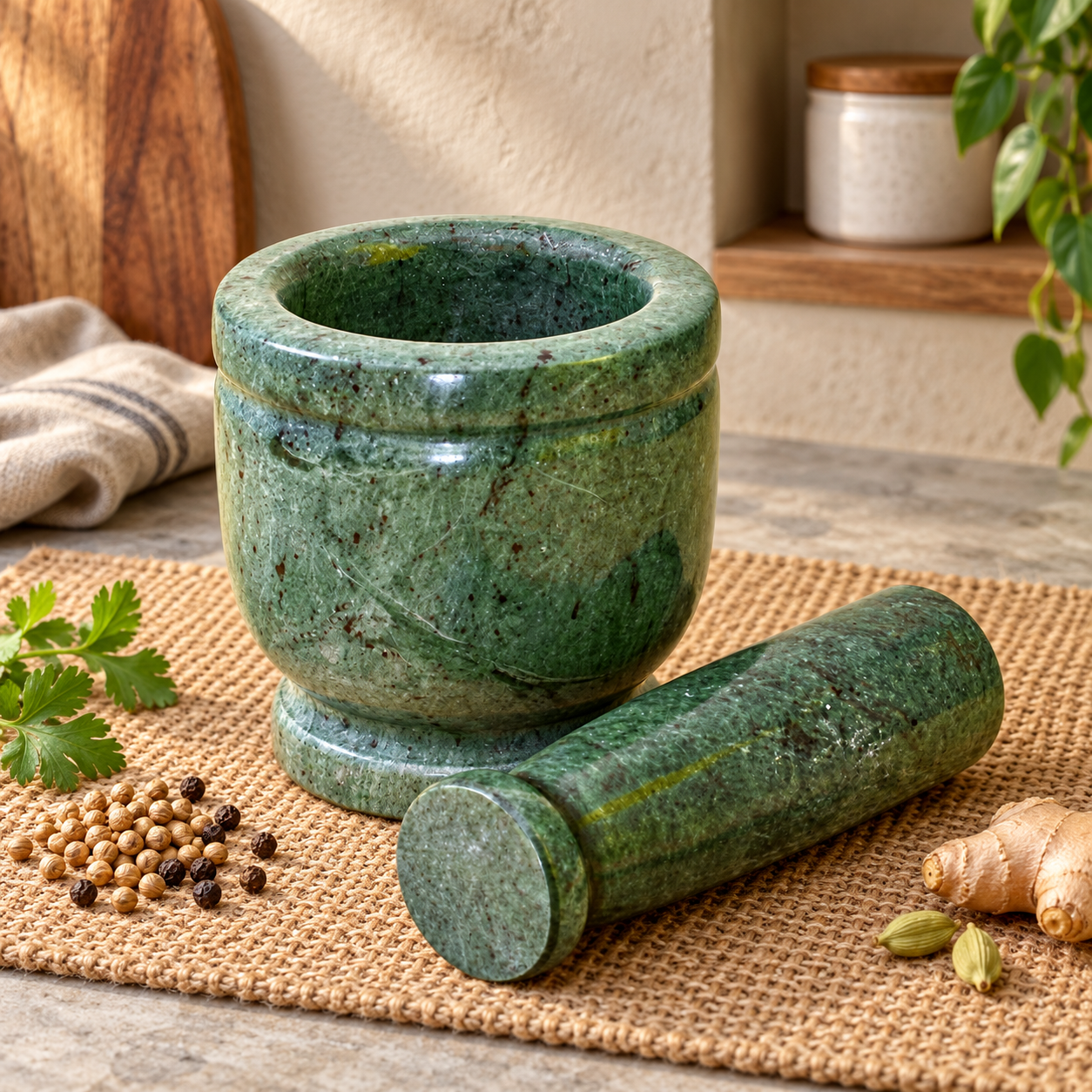 Kunhar Natural Green Marble Mortar Pestle Set Imam Dasta Ohkli Musal Kharal 4 x 4 Inches Green Full Polish Kitchen Grinding Tool