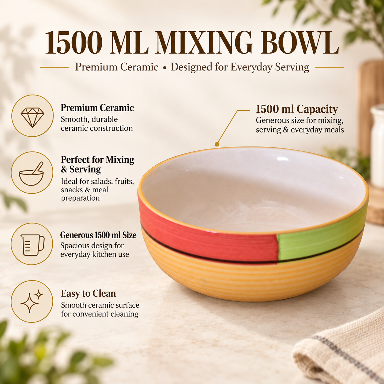 KunhaR Ceramic Serving Bowl 1500 ml, Yellow | Large Ceramic Bowl for Salad, Pasta, Noodles, Fruits, Curry & Snacks | Premium Tableware Bowl for Kitchen & Dining | 1 Piece
