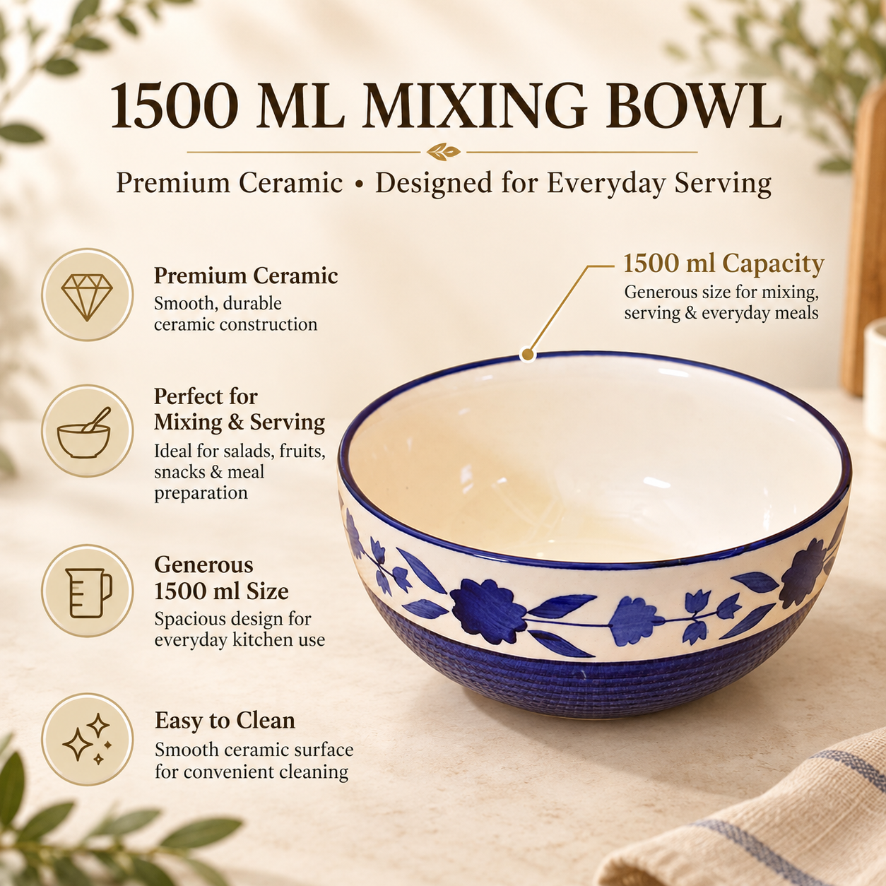 KunhaR Ceramic Serving Bowl 1500 ml, Blue Flower | Large Ceramic Bowl for Salad, Pasta, Noodles, Fruits, Curry & Snacks | Premium Tableware Bowl for Kitchen & Dining | 1 Piece