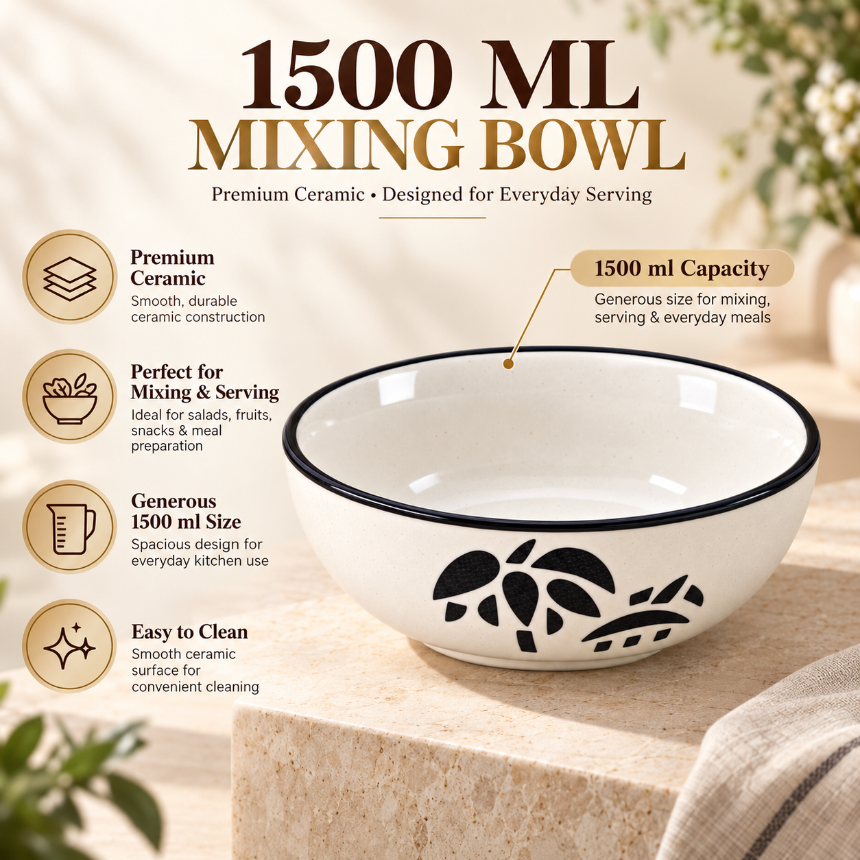 KunhaR Ceramic Serving Bowl 1500 ml, Coconut White | Large Ceramic Bowl for Salad, Pasta, Noodles, Fruits, Curry & Snacks | Premium Tableware Bowl for Kitchen & Dining | 1 Piece - Image 6