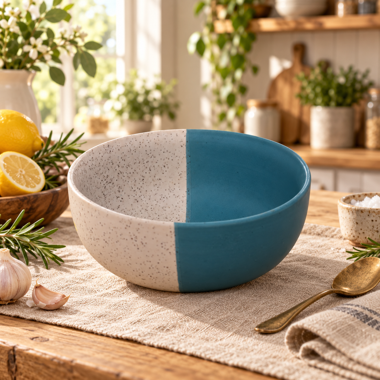 KunhaR Ceramic Serving Bowl 1500 ml, White Dusty Blue | Large Ceramic Bowl for Salad, Pasta, Noodles, Fruits, Curry & Snacks | Premium Tableware Bowl for Kitchen & Dining | 1 Piece