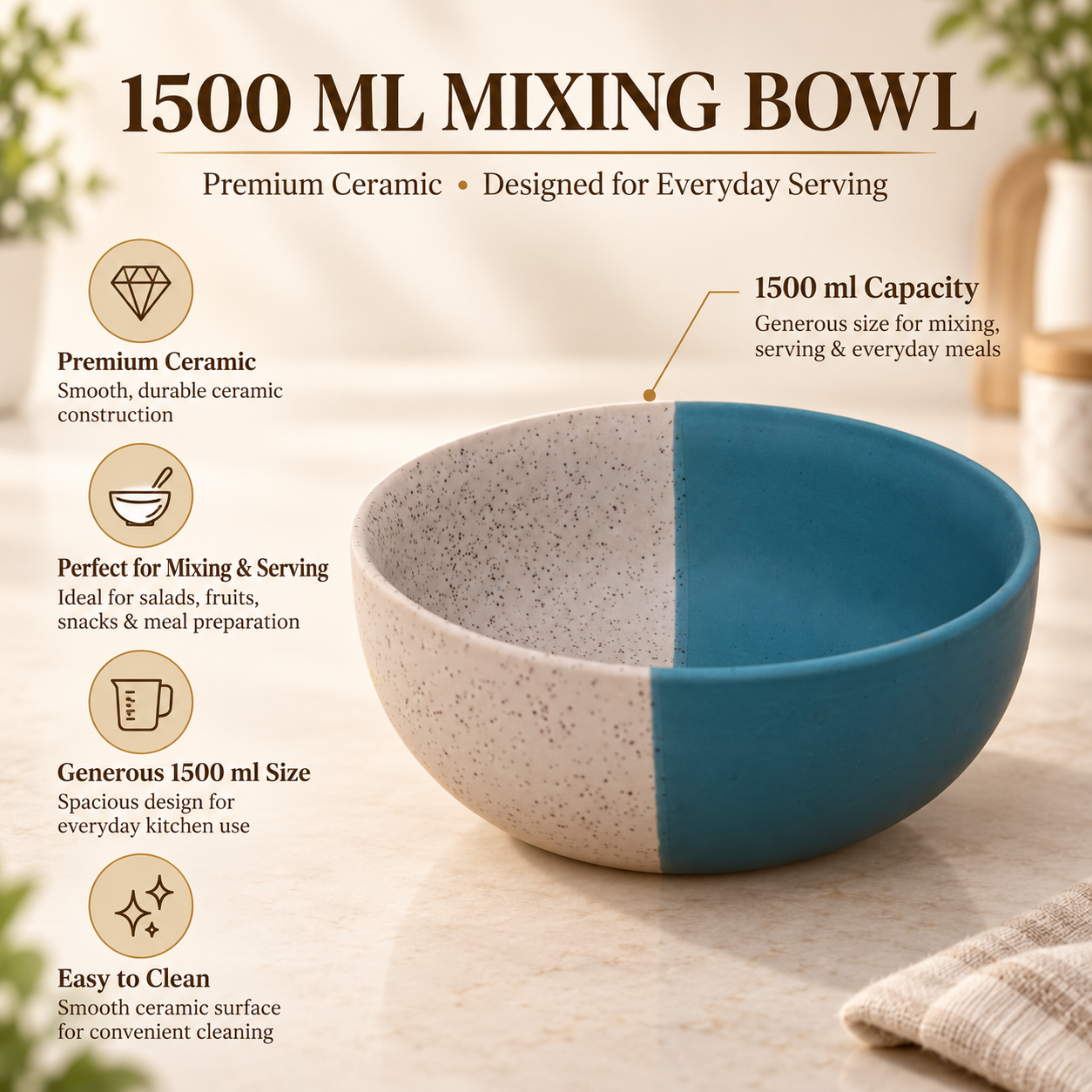 KunhaR Ceramic Serving Bowl 1500 ml, White Dusty Blue | Large Ceramic Bowl for Salad, Pasta, Noodles, Fruits, Curry & Snacks | Premium Tableware Bowl for Kitchen & Dining | 1 Piece - Image 7