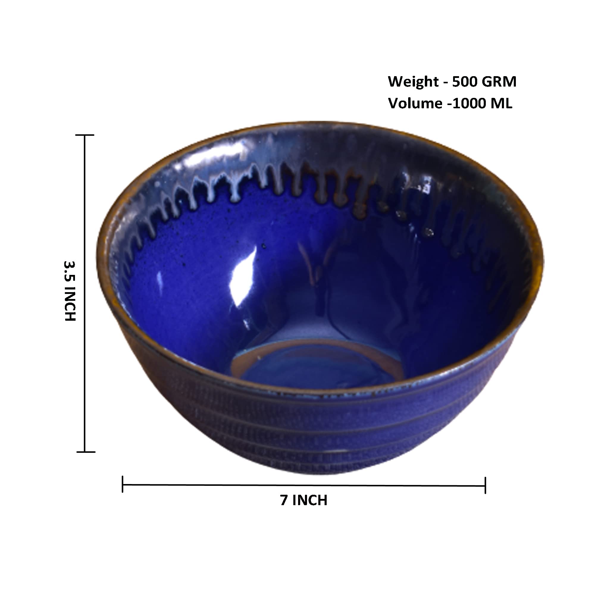 Kunhar Glazed Studio Pottery Ceramic Bowl - 1000 ML, 1 Piece, Denim Dark Blue - Image 2