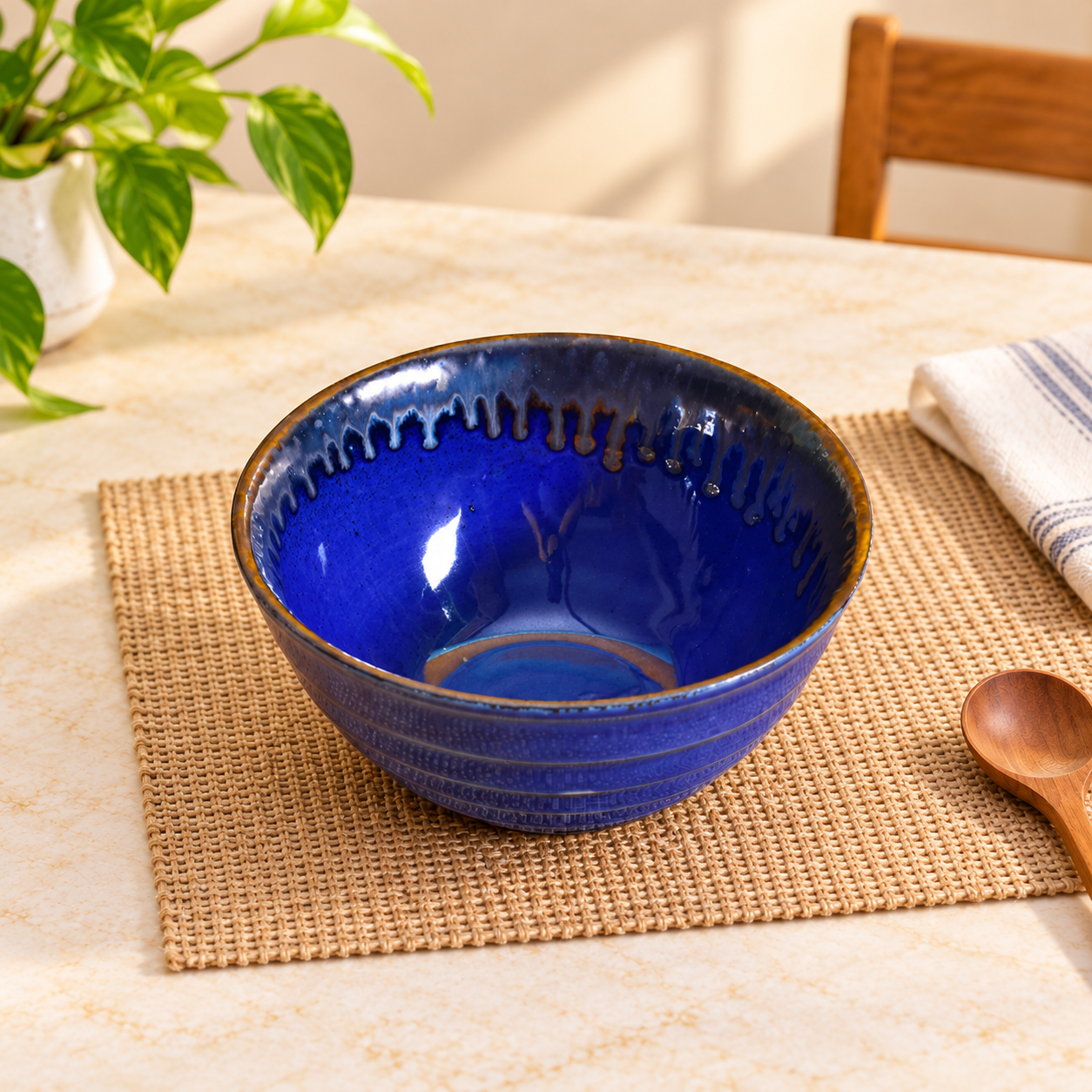 Kunhar Glazed Studio Pottery Ceramic Bowl - 1000 ML, 1 Piece, Denim Dark Blue
