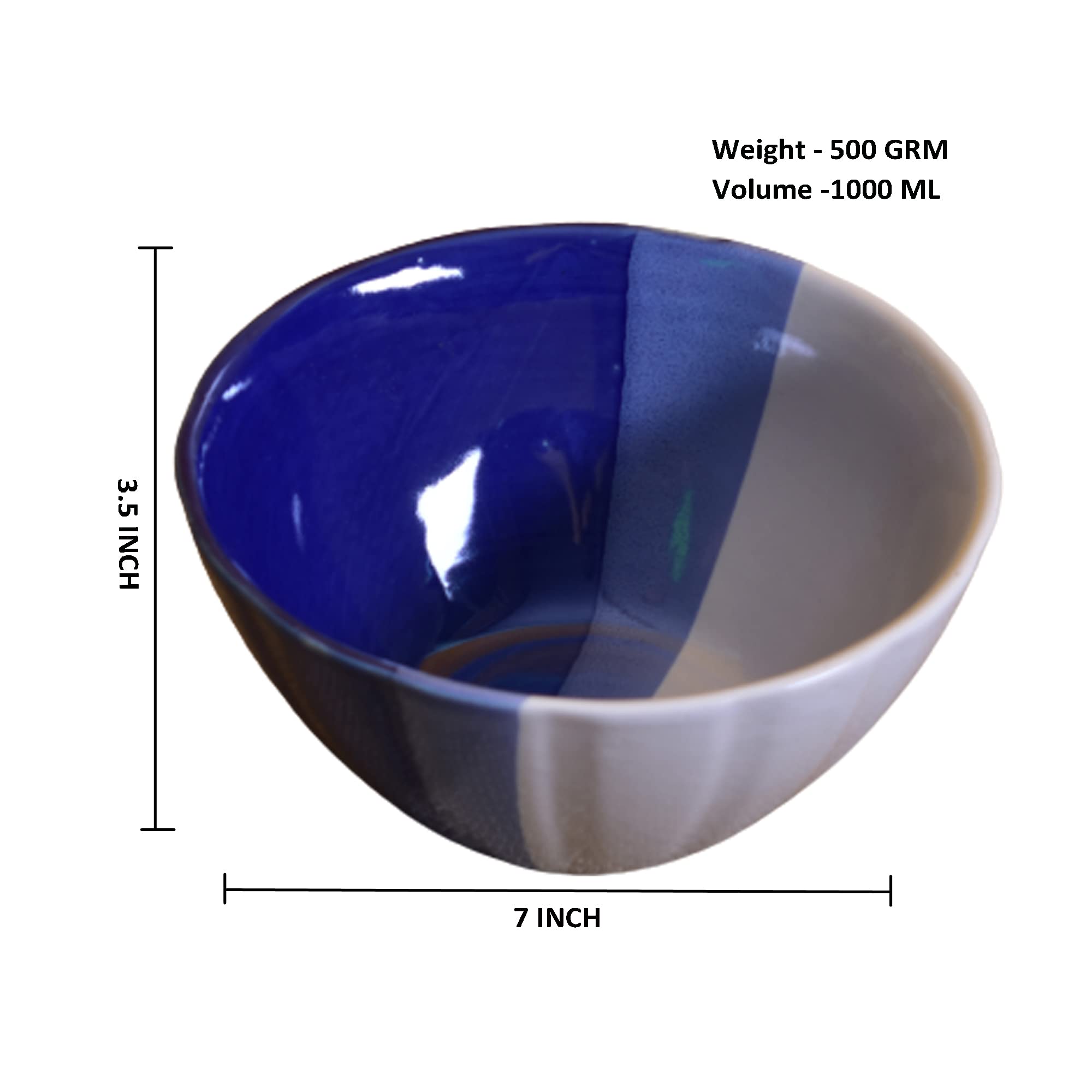 Kunhar Glazed Studio Pottery Ceramic Bowl 1000 ML White Blue - Image 2