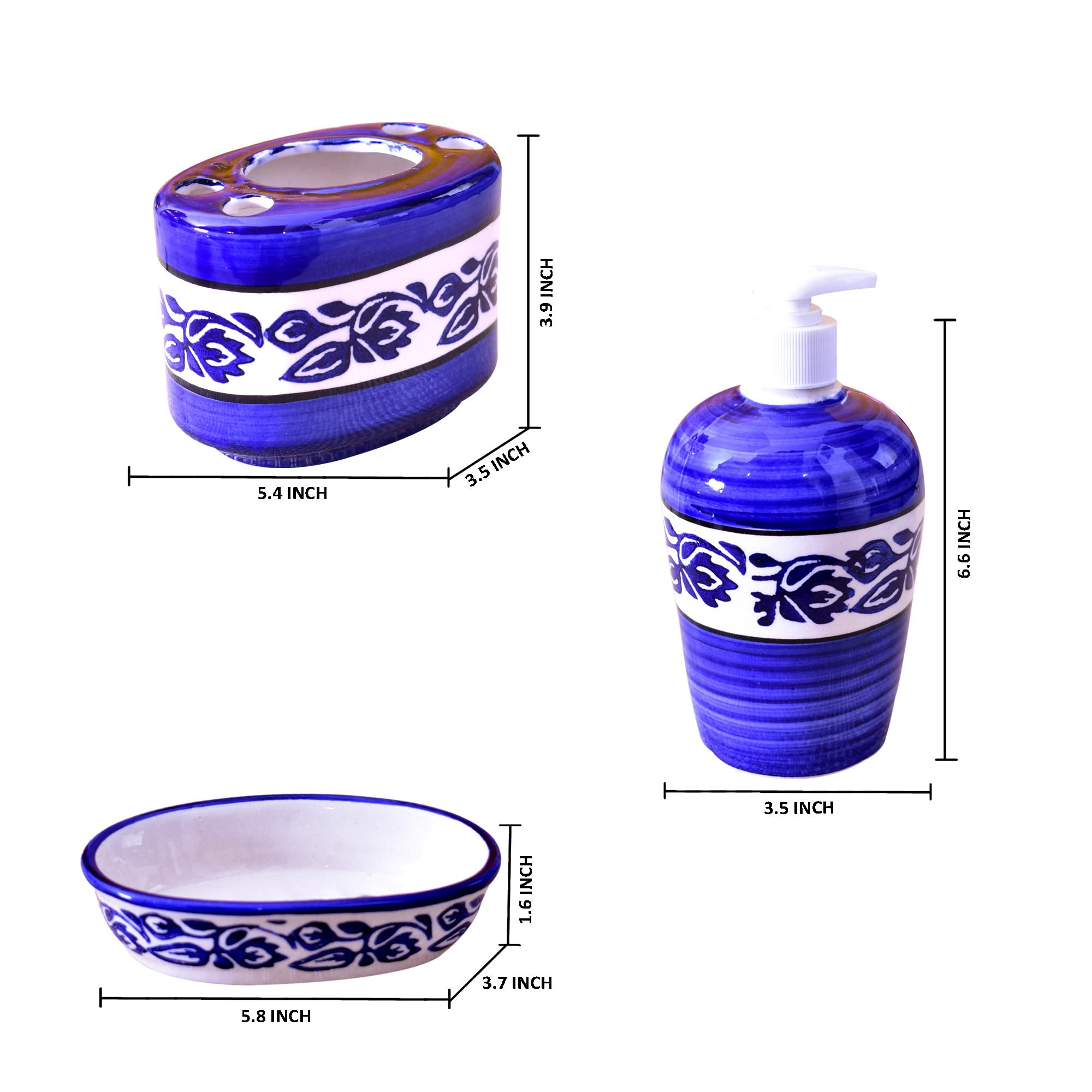 KunhaR Ceramic 3-Piece Bathroom Accessory Set, Blue-Flower (Liquid Soap Dispenser 450 ML, Soap Tray and Toothbrush Holder) - Image 2