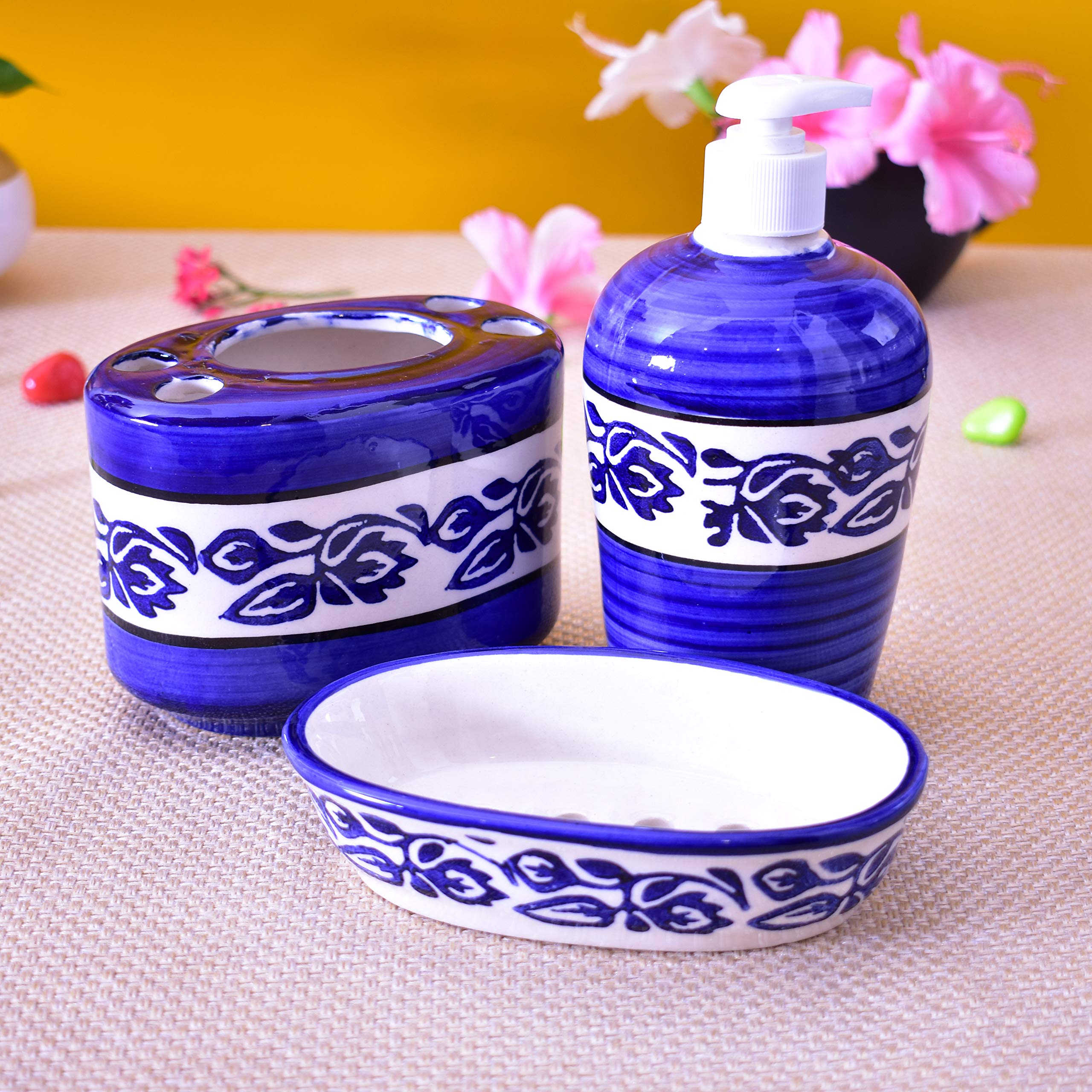 KunhaR Ceramic 3-Piece Bathroom Accessory Set, Blue-Flower (Liquid Soap Dispenser 450 ML, Soap Tray and Toothbrush Holder) - Image 3
