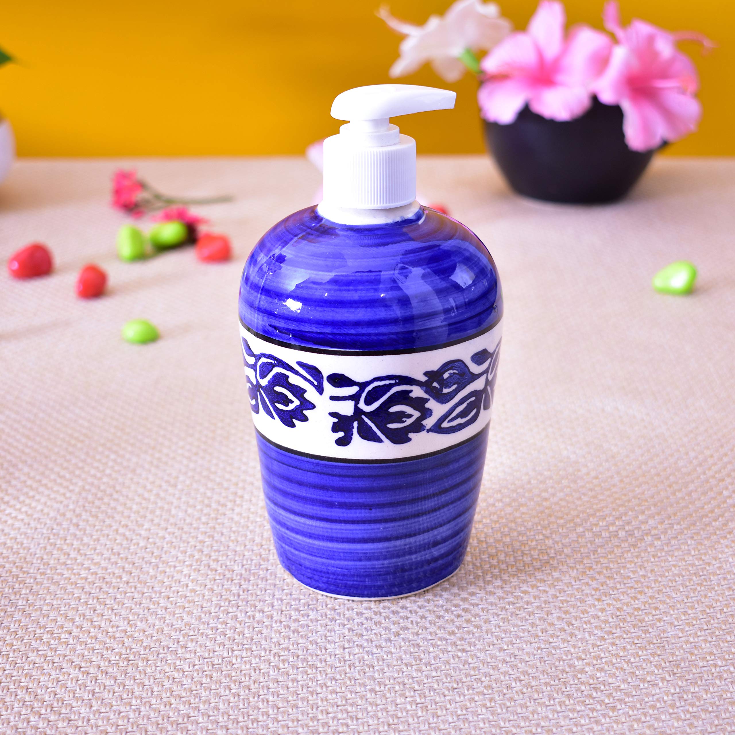 KunhaR Ceramic 3-Piece Bathroom Accessory Set, Blue-Flower (Liquid Soap Dispenser 450 ML, Soap Tray and Toothbrush Holder) - Image 4