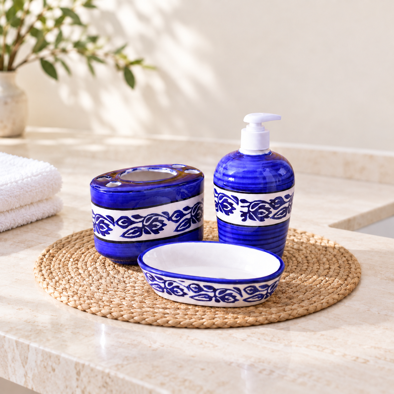 KunhaR Ceramic 3-Piece Bathroom Accessory Set, Blue-Flower (Liquid Soap Dispenser 450 ML, Soap Tray and Toothbrush Holder)