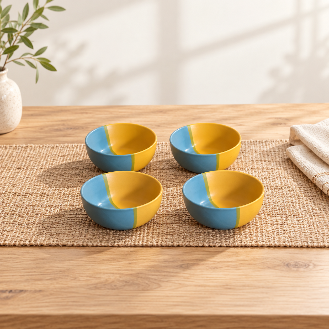 Kunhar Ceramic Hand Painted Dessert Bowls - 200 Ml, 4 Pieces, Yellow Blue