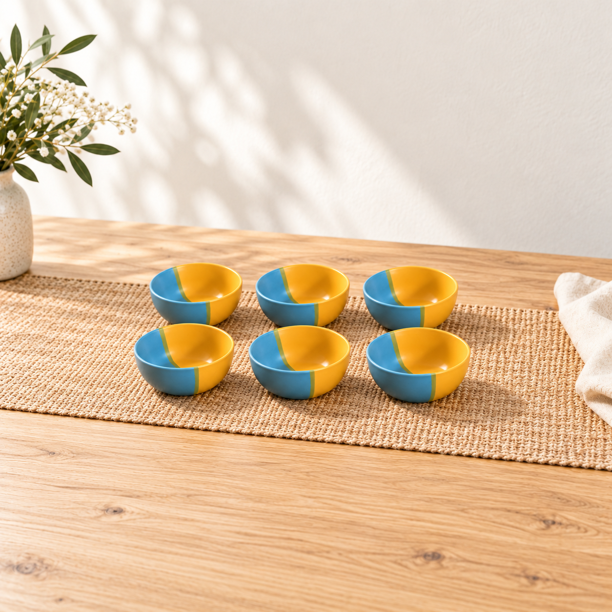 Kunhar Ceramic Hand Painted Dessert Bowls - 200 Ml, 6 Pieces, Yellow Blue