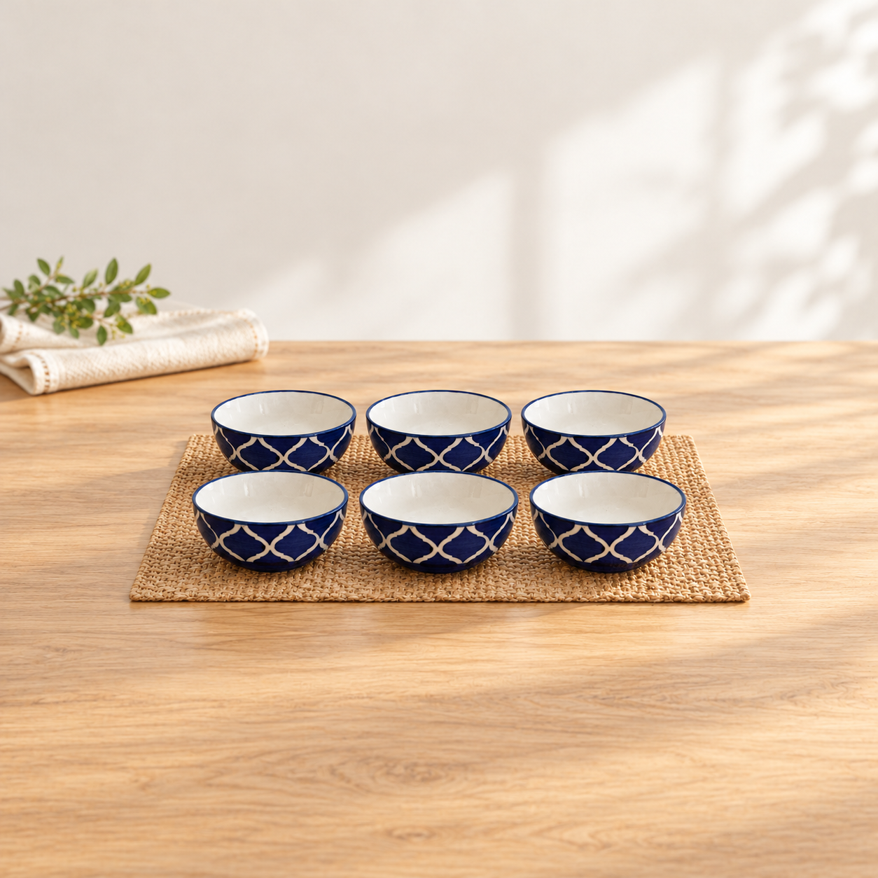 Kunhar Ceramic Hand Painted Dessert Bowls - 200 Ml, 6 Pieces, Blue Chidi