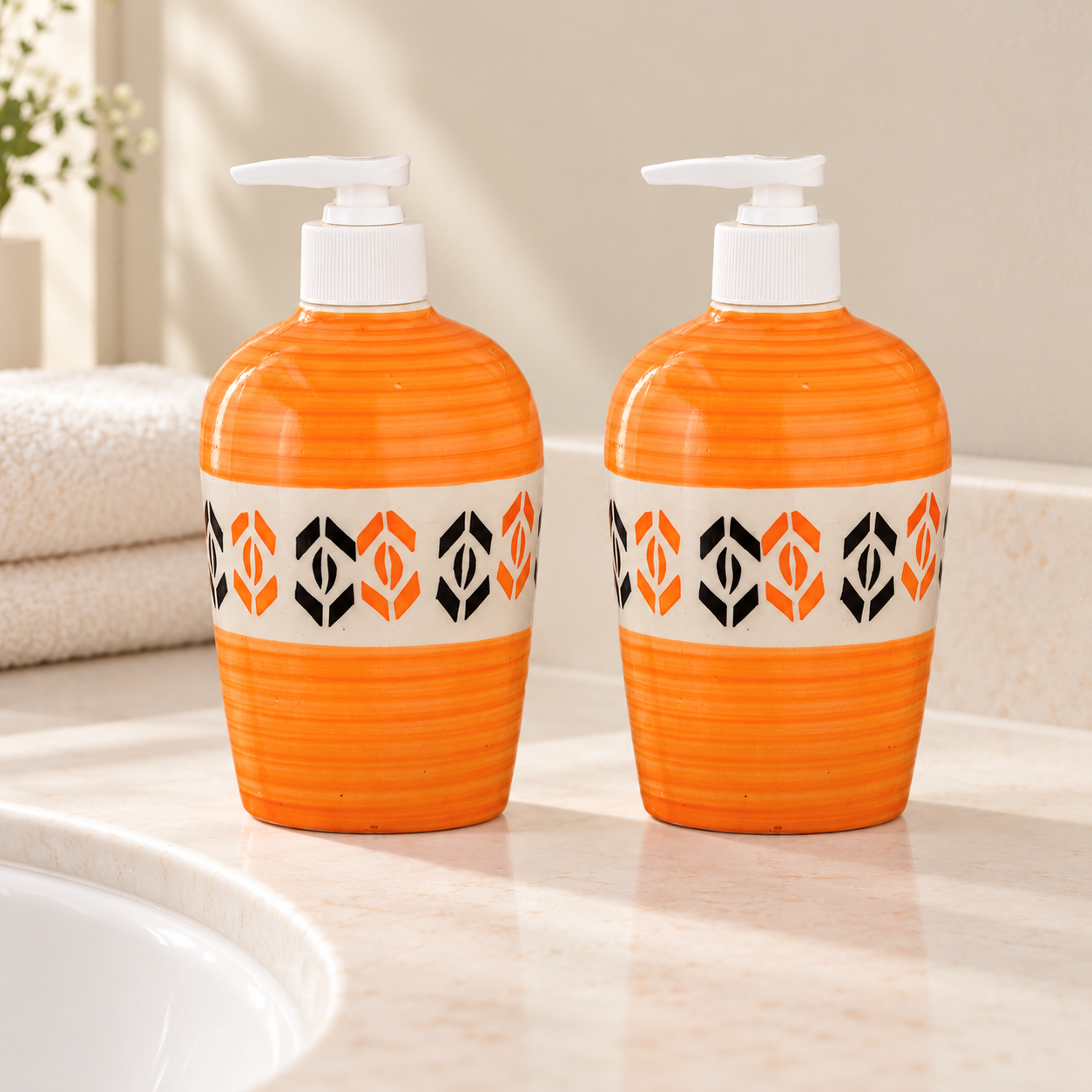 KunhaR Ceramic Liquid Soap Dispenser - Orange, 450ml, 2 Pieces