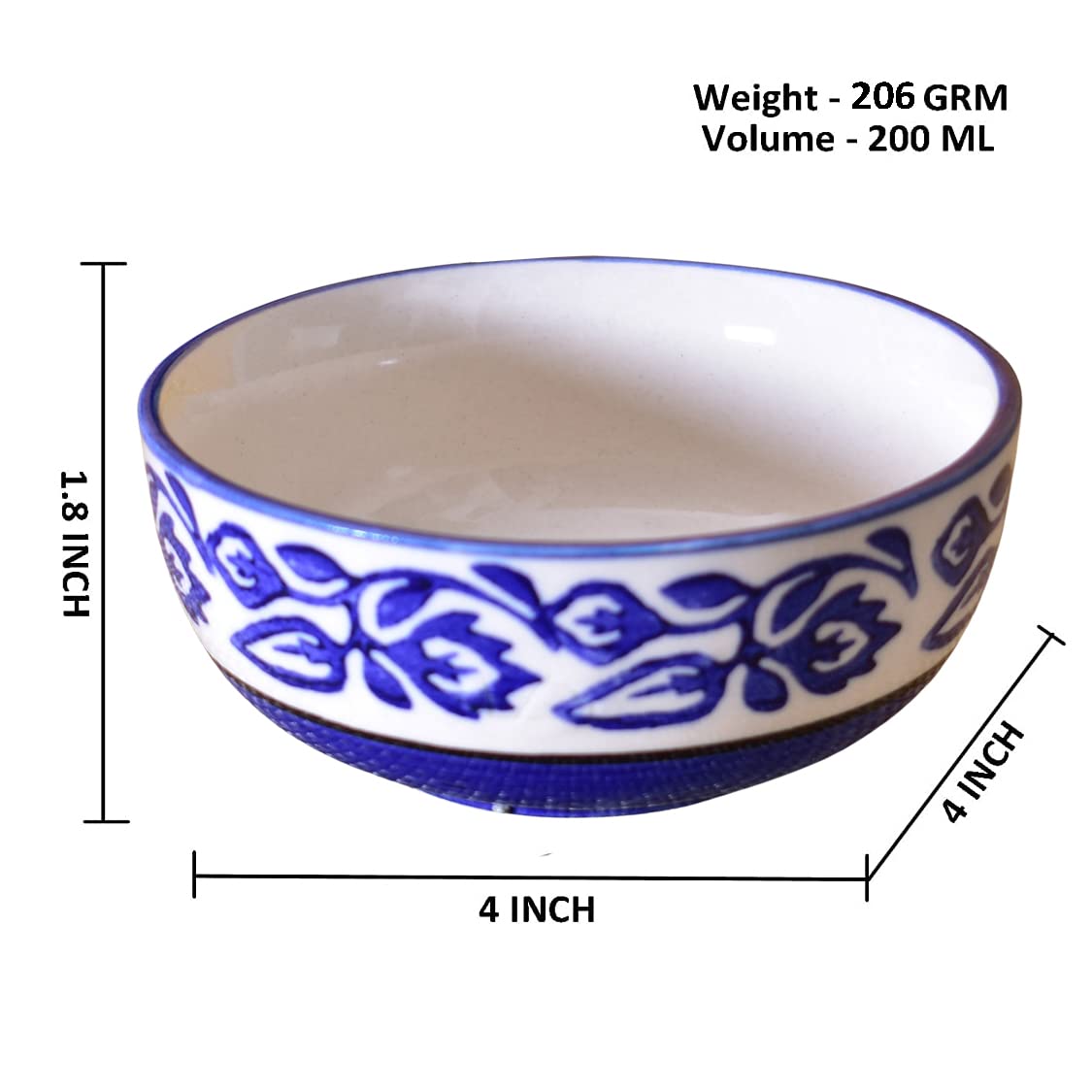 Kunhar Ceramic Hand Painted Dessert Bowls - 200 Ml, 6 Pieces, Blue Vine - Image 2