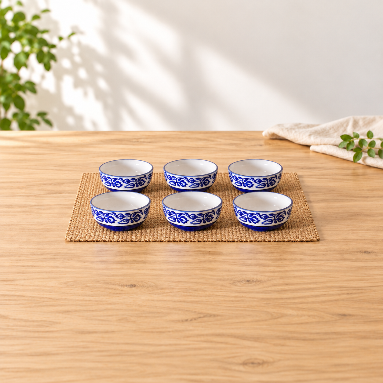 Kunhar Ceramic Hand Painted Dessert Bowls - 200 Ml, 6 Pieces, Blue Vine