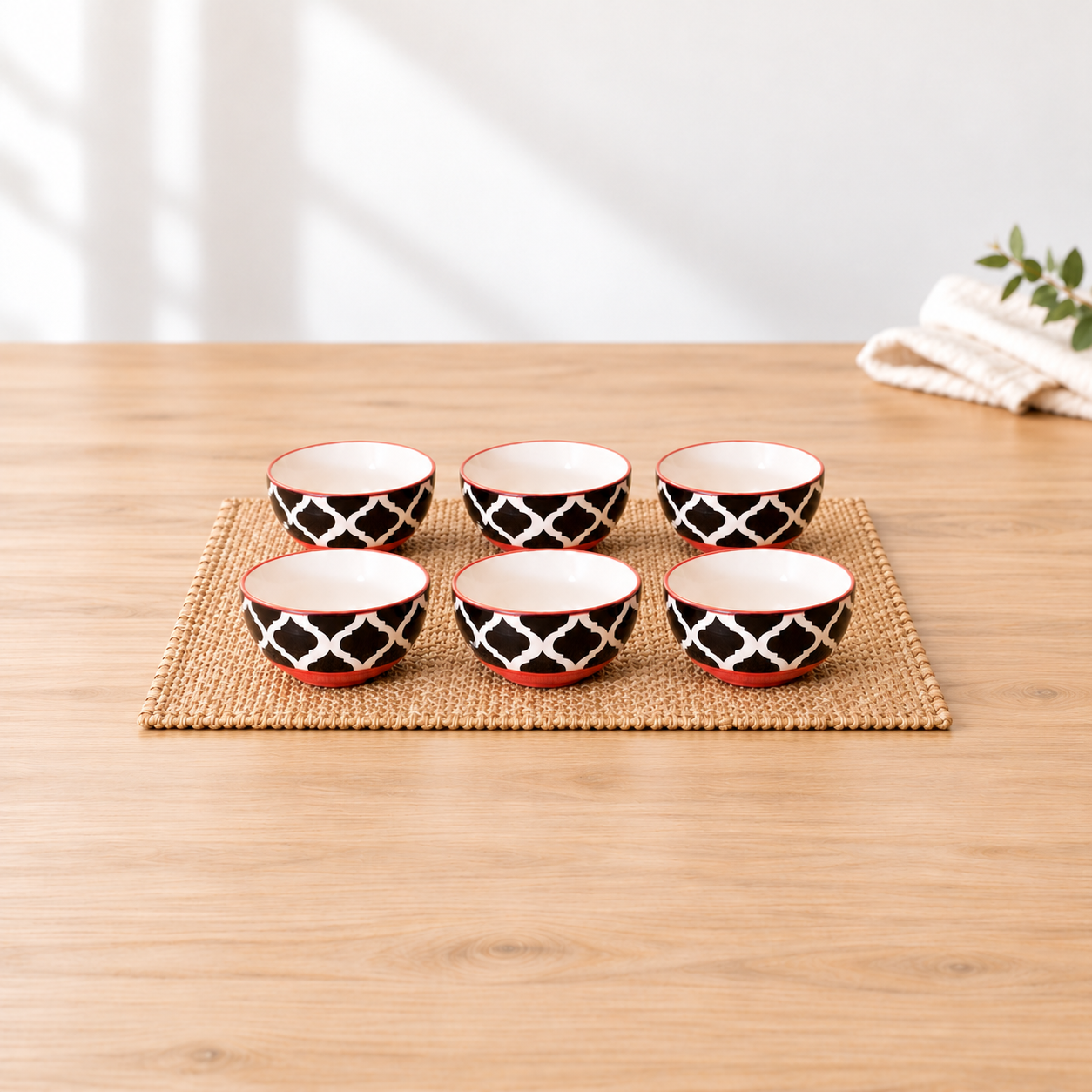 Kunhar Ceramic Hand Painted Dessert Bowls - 200 Ml, 6 Pieces, Red Black